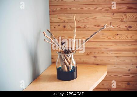 Neutral colored vase with wood sticks and natural cones on distressed wooden shelf against rough light grey blue wall in sunlight. Home decor Stock Photo