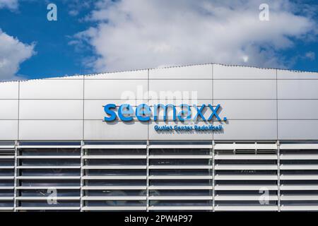 Logo of seemaxx Outlet Center Radolfzell on an aluminium facade cladding, Constance district, Baden-Wuerttemberg, Germany Stock Photo