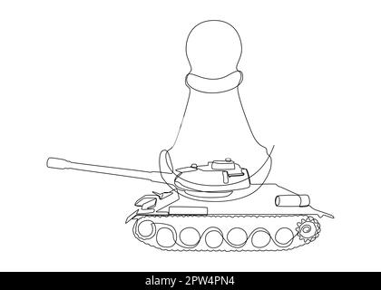 One continuous line of Chess Pawn with Armored Tank. Stock Vector