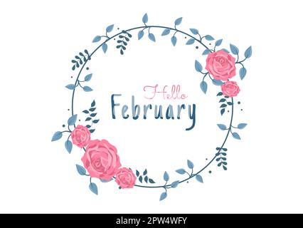 Hello February Month with Flowers, Hearts, Leaves and Cute Lettering for Decoration Background in Flat Cartoon Hand Drawn Templates Illustration Stock Photo