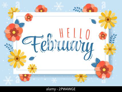 Hello February Month with Flowers, Hearts, Leaves and Cute Lettering for Decoration Background in Flat Cartoon Hand Drawn Templates Illustration Stock Photo