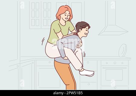 Cheerful man giving woman ride on back while having fun together in kitchen own house. Vector image Stock Vector