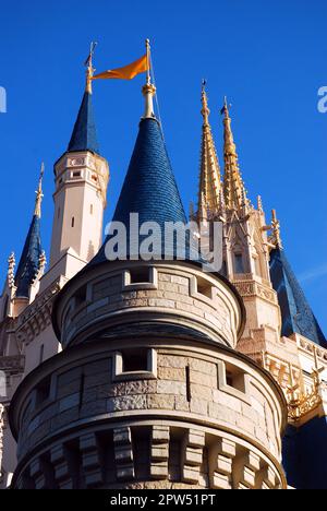 The turrets on the whimsical architecture of the Cinderella Castle, in Walt Disney embrace the fantasy and fairy tale world Stock Photo