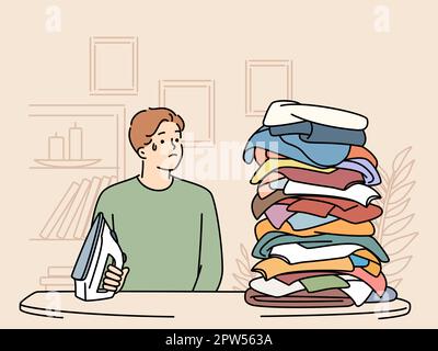 Unhappy man distressed with clothes for ironing Stock Vector
