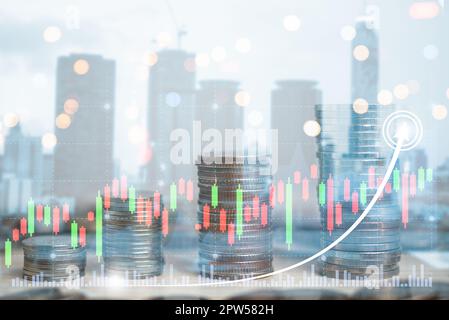 stacks of coins with charts graphs stock market finance Investment. business development data candlestick chart concept. Stock Photo