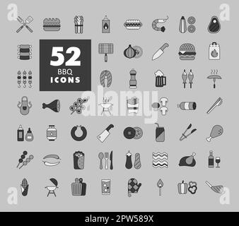 Barbecue and bbq grill grayscale icon set. Graph symbol for cooking web site and apps design, logo, app, UI Stock Photo