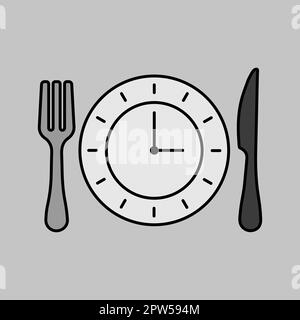 Plate with knife and fork with an grayscale icon of clock. Delivery sign. Graph symbol for cooking web site and apps design, logo, app, UI Stock Photo