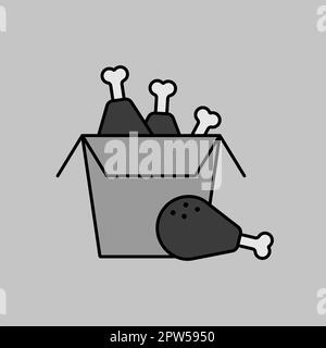 Fried chicken in the box vector grayscale icon. Delivery sign. Graph symbol for cooking web site and apps design, logo, app, UI Stock Photo