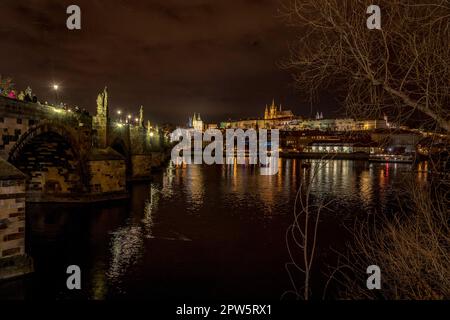 Night view of Charles Bridge and Mala Strana in Prague during winter. Stock Photo