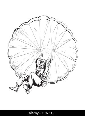 Comics style drawing or illustration of a World War Two American GI soldier paratrooper military parachutists on parachute viewed from low angle on is Stock Photo