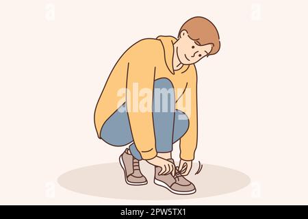 A little boy ties a shoelace on his shoe Stock Vector