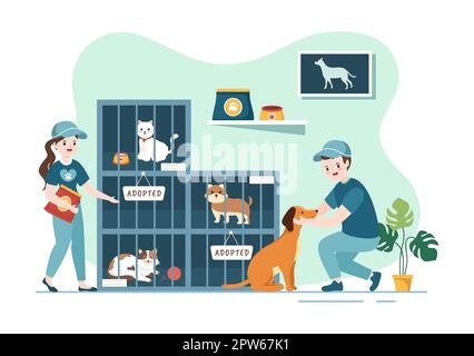 Adopt a Pet From an Animal Shelter in the Form of Cats or Dogs to Care for and Look After in Flat Cartoon Hand Drawn Templates Illustration Stock Photo