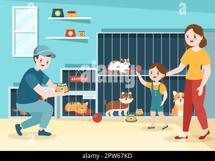 Adopt a Pet From an Animal Shelter in the Form of Cats or Dogs to Care for and Look After in Flat Cartoon Hand Drawn Templates Illustration Stock Photo