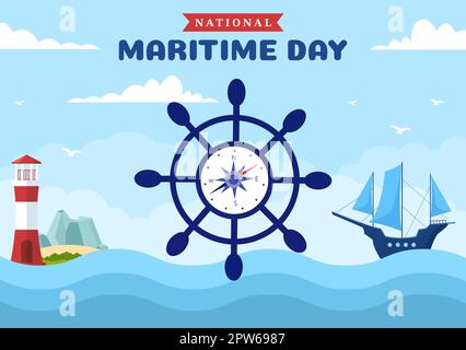World Maritime Day Illustration with Sea and Ship for Web Banner or Landing Page in Flat Blue Nautical Celebration Cartoon Hand Drawn Templates Stock Vector