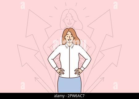 Purposeful business woman keeps hands on belt standing near arrows pointing up Stock Vector