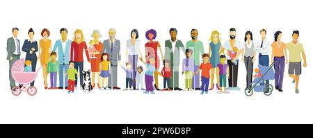 different parents with babies and children, families groups isolated on white Illustration Stock Vector