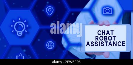 Conceptual caption Chat Robot Assistance, Word Written on answers customer services questions and provides help Stock Photo