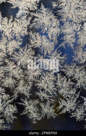 Snowflakes frost rime macro on window glass pane. Colorful ice on the window surface, natural background texture Stock Photo