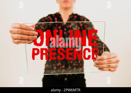Conceptual caption Online Presence, Word for existence of an individual can be found via an online search Stock Photo