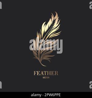 Vector Fluffy Golden Color Feather Logo Icon, Silhouette Feather Closeup Isolated. Design Template of Flamingo, Angel, Bird Feather. Lightness, Freedom Concept Stock Vector