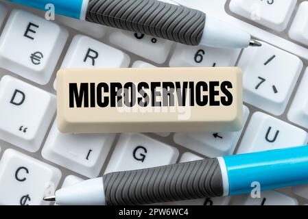 Hand writing sign Microservices, Conceptual photo Software development technique Building single function module Stock Photo