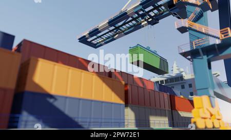 Port cranes loading containers on a cargo ship at the port. Digital 3D ...