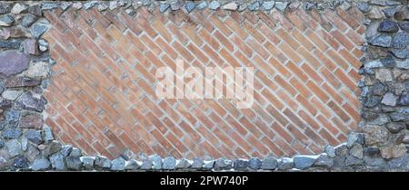 Weathered stained old red brick wall background. Texture of an old wall of several floors with lots of rows of red bricks Stock Photo