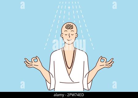 Bald woman with mudra hands meditate engaged in spiritual ritual. Religious calm female practice yoga relieve stress. Faith and spirituality. Vector i Stock Photo