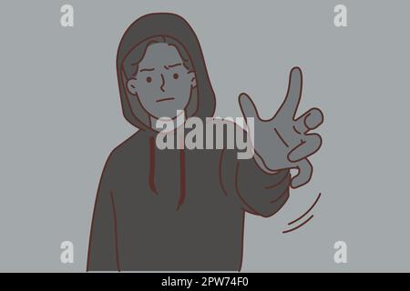 Suspicious man in hoodie stretch hand try get something from people. Concept of anonymous crime and illegal activity. Vector illustration. Stock Photo