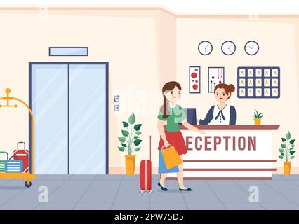 Hotel Reception Interior with Receptionist People and Travelers for Booking in Flat Cartoon Hand Drawn Template Illustration Stock Photo