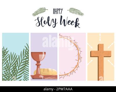 Holy Week banner with palm branches, the last supper, crown of thorns and the cross Stock Vector
