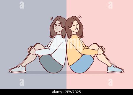 Sad and cheerful girl sit on floor with backs to each other and look at screen. Vector image Stock Vector