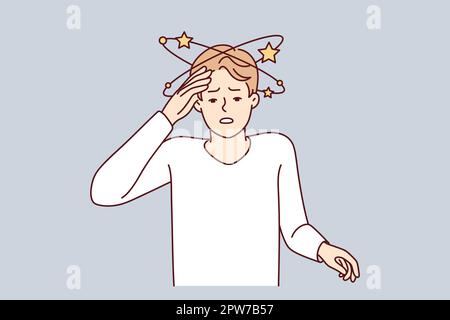 Suffering man experiencing pain in head after severe injury puts hand on forehead. Vector image Stock Vector