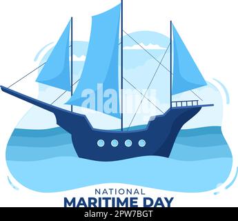 World Maritime Day Illustration with Sea and Ship for Web Banner or Landing Page in Flat Blue Nautical Celebration Cartoon Hand Drawn Templates Stock Vector