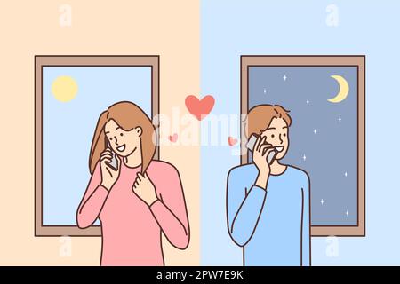 Man and woman in love are flirting on phone in different countries during trip Stock Vector