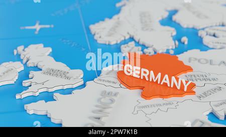 Germany highlighted on a white simplified 3D world map. Digital 3D render. Stock Photo