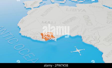 Cote d'Ivoire highlighted on a white simplified 3D world map. Digital 3D render. Stock Photo