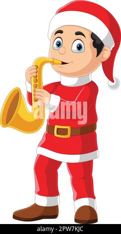 Cartoon little boy in red santa clothes playing golden trumpet Stock Vector