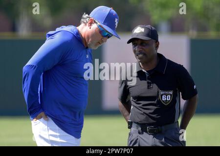 Houston Christian head coach Lance Berkman, left, argues a call with third  base umpire Sam Kayea, right, during an NCAA baseball game on Friday, April  28, 2023, in Houston. (AP Photo/Michael Wyke Stock Photo - Alamy