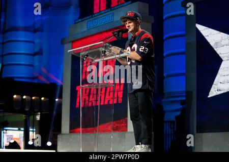 Ryan Trahan announces the No. 69 pick for the Houston Texans at the 2023  NFL football draft, Friday, April 28, 2023, in Kansas City, Mo. The Texans  chose Houston wide receiver Tank