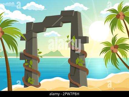 Portal with Summer Landscape Stone Arch Entrance to Public Park, Green Grass or Garden in Flat Cartoon Hand Drawn Template Illustration Stock Photo