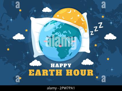 Happy Earth Hour Day Illustration with Lightbulb, World Map and Time to Turn Off in Flat Sleep Cartoon Hand Drawn Landing Page Templates Stock Vector