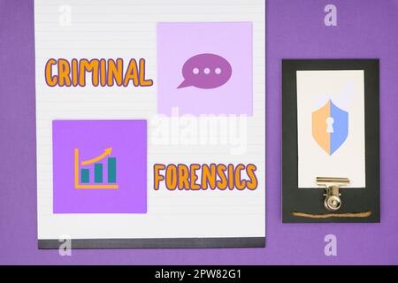 Text caption presenting Criminal Forensics, Business showcase Federal Offense actions Illegal Activities punishable by Law Stock Photo