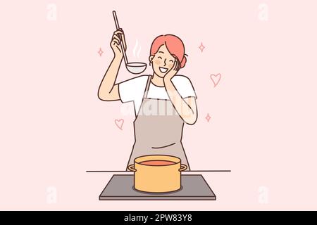 Happy housewife woman cooks soup standing at stove with saucepan and tastes after adding spices Stock Vector