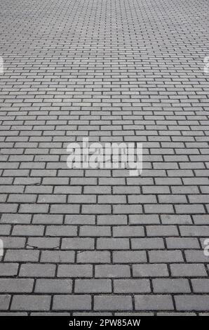 Photo of the site from the old paving slab with small defects and cracks, leaving in perspective. Street coverage of pedestrian areas and paths in par Stock Photo