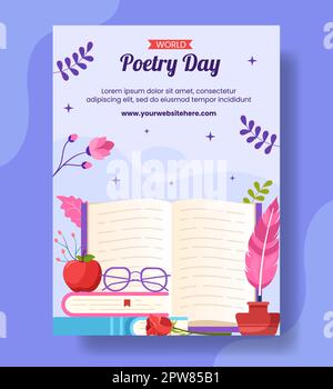 World Poetry Day Vertical Poster with Paper and Quill Flat Cartoon Hand Drawn Templates Illustration Stock Vector