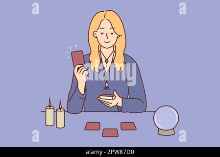 Young woman with cards telling fortune sitting on table in studio. Female magician with magic ball and tarot cards soothsaying. Vector illustration. Stock Photo