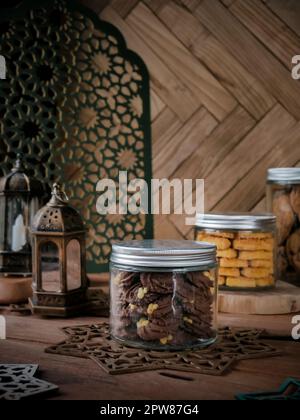 assorted Eid al fitr cookies (kue kering lebaran). Semprit coklat, kaastangel, soft cookies. commonly served in Eid al fitr celebration or lebaran, mo Stock Photo