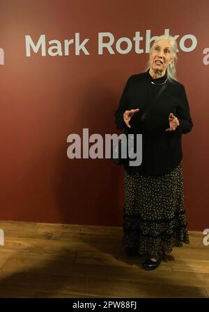 Daugavpils, Latvia. 27th Apr, 2023. Kate Rothko Prizel stands in front of a lettering with her father's name at the Mark Rothko Art Center. The art center named after painter Mark Rothko (1903-1970) is celebrating its tenth anniversary with a new permanent exhibition. (to dpa: 'New exhibition with original works by Mark Rothko in Latvia') Credit: Alexander Welscher/dpa/Alamy Live News Stock Photo