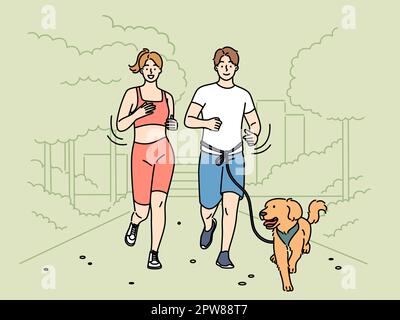 Happy couple jogging in park with dog Stock Vector